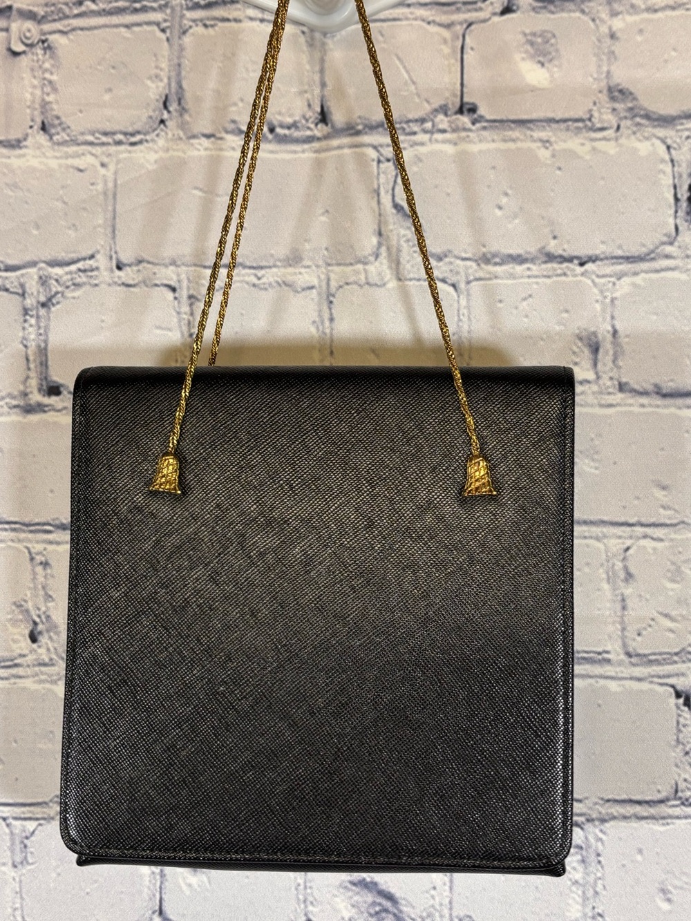 Vintage Sears Square Black Faux Leather Gold Tassel Cord Evening Clutch Purse